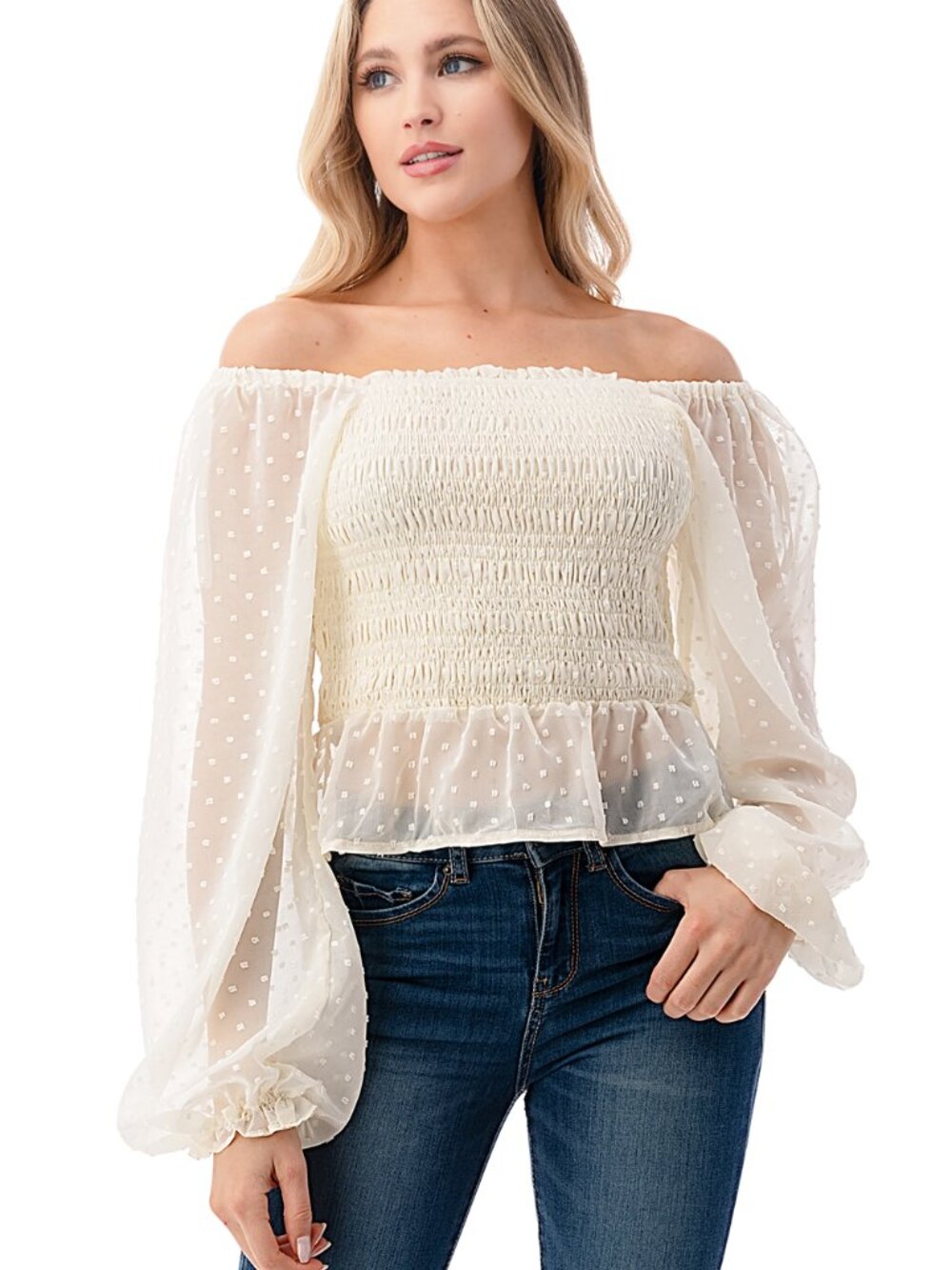 Cottagecore Off-Shoulder Smocked Blouse – Textured Ruffle Hem Peplum Top